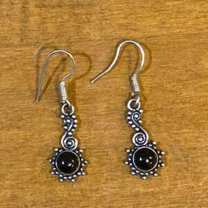 Handmade Tibetan Silver Onyx Drop Earrings.